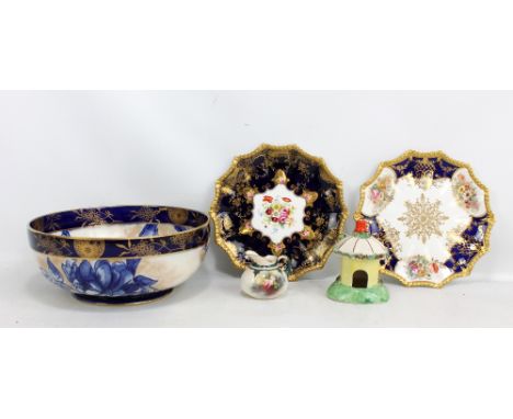 A small group of ceramics comprising a Royal Doulton transfer and gilt floral decorated bowl, diameter 25.8cm, two Aynsley ca
