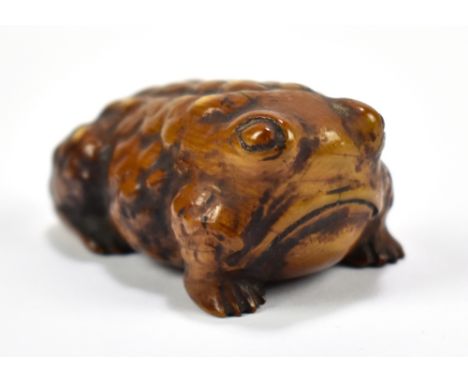 A Japanese Meiji period carved and stained ivory Netsuke modelled as a toad, length 4.75cm.