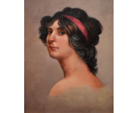 UNATTRIBUTED; oil on board, portrait of a young lady wearing pink ribbon in her hair, unsigned, 24.5 x 19cm, framed.&nbsp;Add