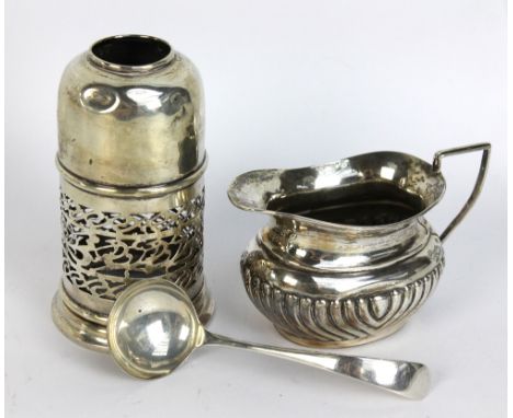 A George V hallmarked silver gadroon embossed cream jug, Birmingham 1909, part of a silver sugar caster and a small silver la