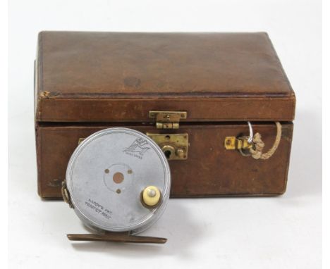 A Hardy Perfect 2 3/4" alloy fishing reel with ivorine handle, brass foot and rod in hand logo, with Hardy's leather case (ca
