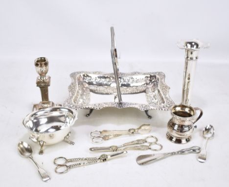 A small quantity of silver plate including a swing handled basket, a loaded vase, a candlestick, etc.