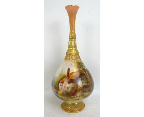 ROYAL WORCESTER; a bottle vase decorated with a rural landscape signed by Arthur C Lewis, green printed marks to base, height