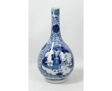 A 19th century Chinese porcelain bottle vase painted in underglaze blue with two panels depicting Shoulao holding peach with 