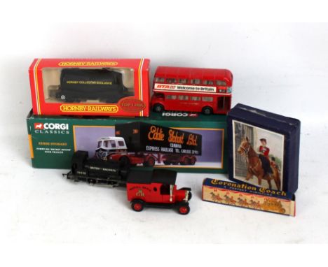A small group of toys comprising boxed Corgi 13601 'Eddie Stobart Foden', boxed Hornby R6090 Vee Tank Wagon, BR Loco, Corgi L