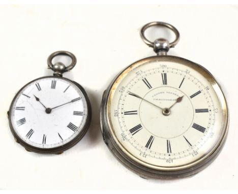 A silver key wind centre seconds chronograph open faced pocket watch set with roman numerals diameter 6cm, and a silver fob w