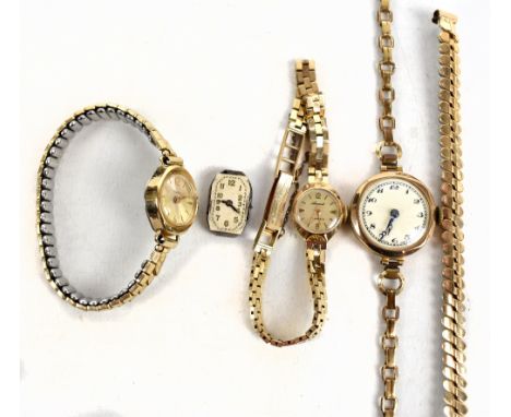 ACCURIST; a lady's 9ct yellow gold wristwatch, a further 9ct yellow gold vintage wristwatch and a plated wristwatch (3).