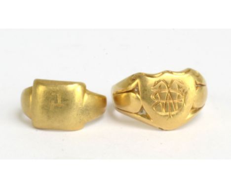 A substantial 18ct yellow gold gentleman's signet ring engraved with initials, size Q1/2 and a further 18ct yellow gold signe