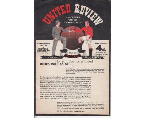 MAN UTD - SHEF WED 58   Manchester United home programme for first post Munich match v Sheffield Wednesday, 19/2/58, FA Cup, 