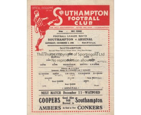 SOUTHAMPTON - ARSENAL 43   Single sheet Southampton programme v Arsenal, 4/12/48, slight fold, pencil change.  Generally good