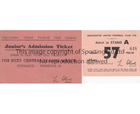MANCHESTER UNITED     Two undated tickets for the 1960's. A season ticket voucher for 1962/3 season No. 57 and a Junior's Adm