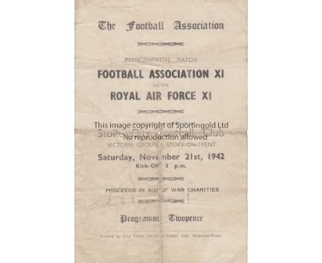 AT STOKE 1942   Programme, FA XI v RAF XI , 21/11/42 at Stoke City, four page issue, many star names and players from Stoke, 