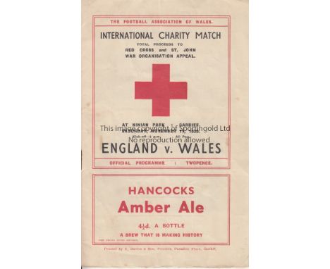 WALES - ENGLAND 1939   Scarce wartime programme, Wales v England 11/11/1939 at Ninian Park, wartime International for Charity