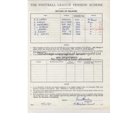 NOTTINGHAM FOREST 1964    Form submitted by Nottingham Forest to the Football League Pension Scheme, 15/10/64, signed by Fore