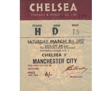 CHELSEA 1957   Match ticket, Chelsea v Manchester City, 9/3/57, H Stand seat. Slight creasing.  Generally good
