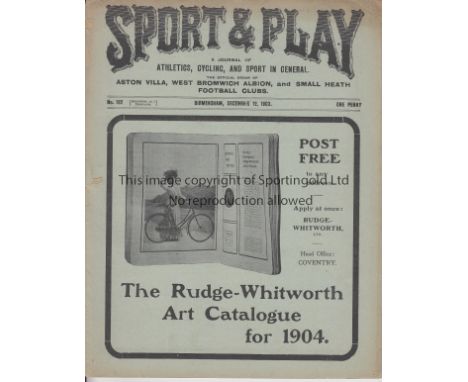 ASTON VILLA - BLACKBURN 1903   Issue of Sport and Play dated 12/12/1903, the official organ of Aston Villa, West Bromwich Alb