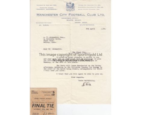 1934 CUP FINAL   Match ticket 1934 FA Cup Final, slight marks to reverse, Manchester City v Portsmouth. Comes together with a