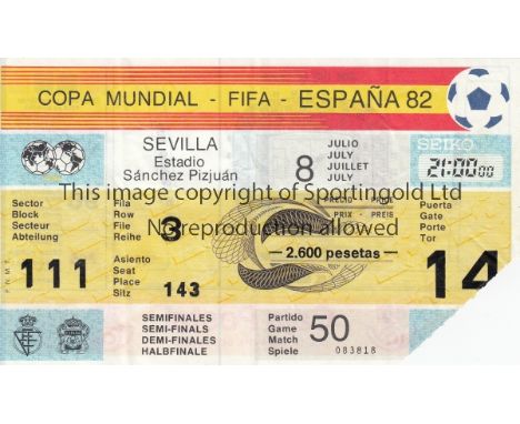 WORLD CUP 82   Match ticket, World Cup 82, game 50, Semi-Final, Germany v France, 8/7/82 in Sevilla. Corner removed upon entr