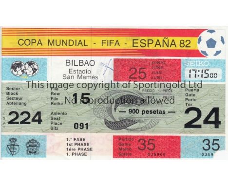 WORLD CUP 82   Match ticket game 35, England v Kuwait, 25/6/82 in Bilbao. World Cup 82. Small piece off corner on entrance.  