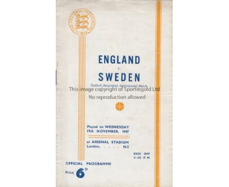 ENGLAND V SWEDEN 1947 AT ARSENAL FC     Programme 19/11/1947 with a very slight horizontal crease.    Generally good