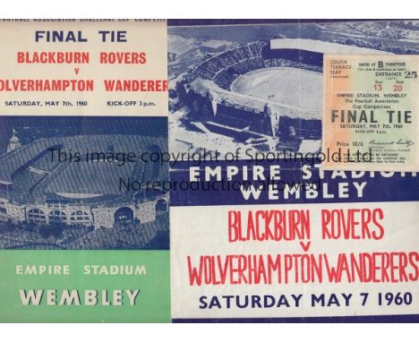 1960 FA CUP FINAL       Programme songsheet and ticket for Blackburn v Wolves. Programme is very slightly creased, songsheet 