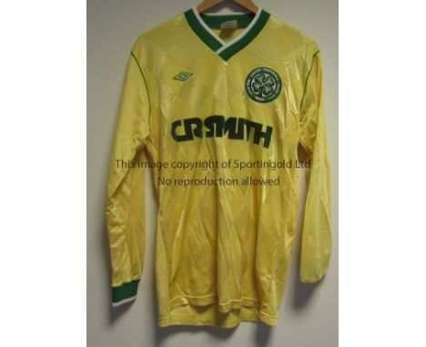CELTIC SHIRT   Scarce Glasgow Celtic 1986 shirt worn by Owen Archdeacon. Yellow shirt with long-sleeves, green and white coll