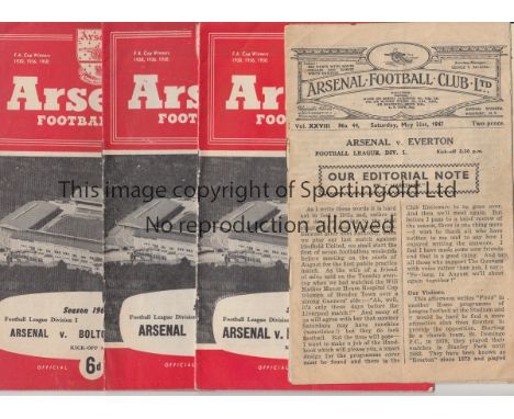 ARSENAL       Forty four home programmes: 1946/7 v. Everton slightly creased and Grimsby Town horizontal fold and tape inside