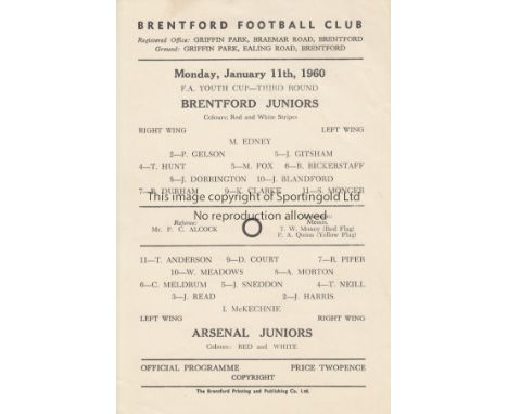 BRENTFORD - ARSENAL 1960   Brentford single sheet Youth Cup home programme v Arsenal, 11/1/60, third round, no writing.  Good