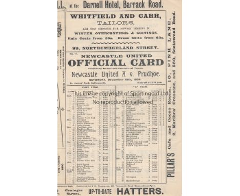 NEWCASTLE UTD 1898   Newcastle United "A"  team (Reserves) programme v Prudhoe, 10/12/1898. Four page programme with picture 