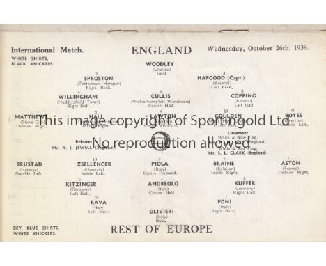 ENGLAND - REST OF EUROPE 1938   Standard Arsenal programme for England v Rest of Europe played at Highbury, 26/10/1938, sligh