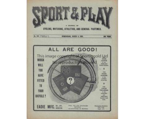 ASTON VILLA - FULHAM 1905   Scarce issue of Sport and Play magazine, the programme for games at Aston Villa, West Brom and Sm