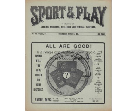 ASTON VILLA - FULHAM 1905   Scarce issue of Sport and Play magazine, the programme for games at Aston Villa, West Brom and Sm