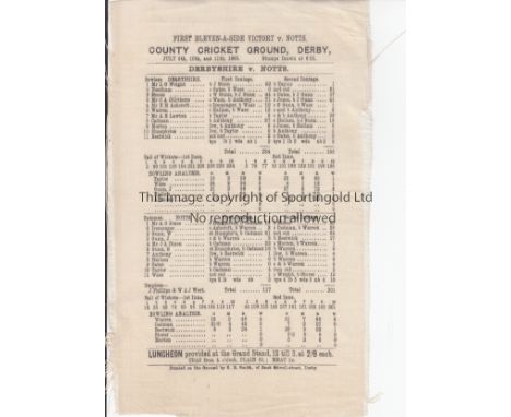 CRICKET SCORECARD 1903   Silk cricket scorecard with full match details of Derbyshire v Notts, July 1903 which resulted in De