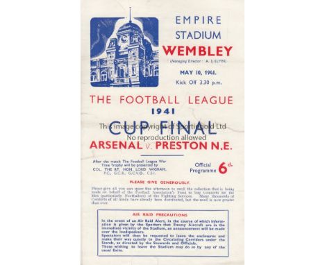 1941 CUP FINAL   Official programme, 1941 Cup Final, Arsenal v Preston at Wembley, 10/5/41. minor fold, slight tears, no writ