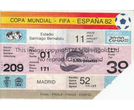 WORLD CUP FINAL 82   Match ticket, World Cup Final, 11/7/82 at the Bernabeu Stadium, Madrid, West Germany v Italy. Fold, slig
