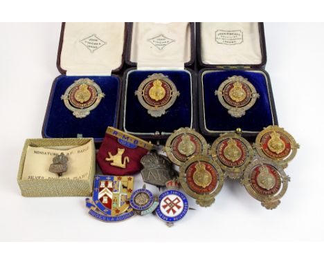 Eight Stallion Show Judges white metal and red enamel lapel badges, three within fitted cases, all by John Pinches, together 