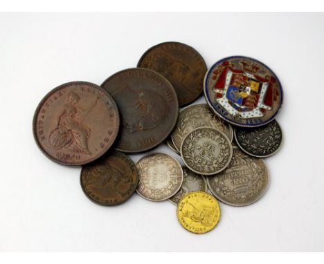 A William IV half crown polychrome enamel brooch, dated 1835, together with two shillings dated 1834 and 1836,  three sixpenc