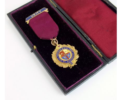 A 9ct gold and polychrome enamel medallion, 'Hull District N.U.O. Free Gardeners', inscribed to reverse; 'Presented to Bro. J