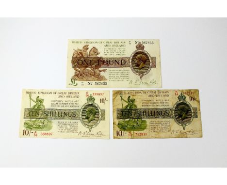 Three Warren-Fisher Treasury notes, comprising; £1 note 1923 K1/14 No. 567855, ten shillings 1922 R/56 No. 339897 and ten shi