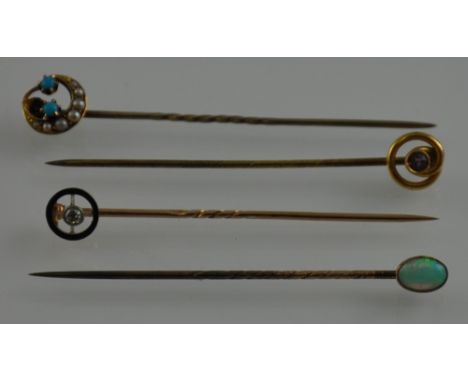 Gold stick pins, opal, pearls plus turquoise, diamond and amethyst.  