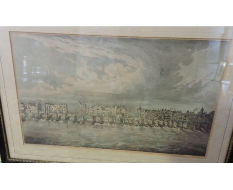 A framed antique coloured lithograph print of London Bridge (1). 