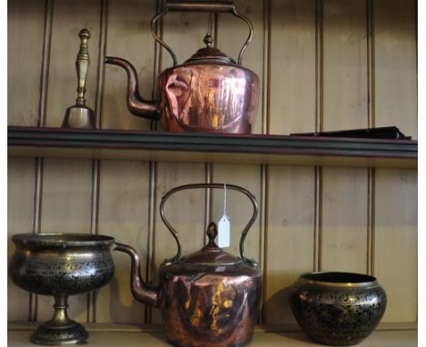 Two Victorian brass and copper kettles, a set of salter scales, table bell and sundry metalware