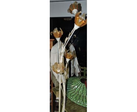 A decorative floor lamp of vineous form with glass shades modelled as flowers, h: 180cm