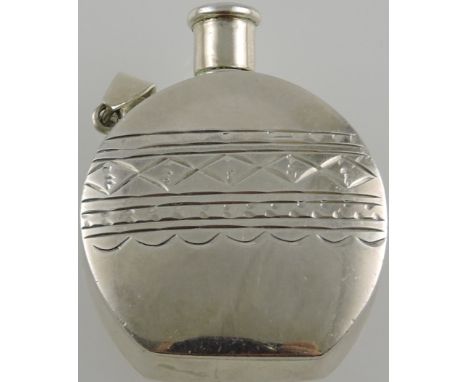 A white metal scent bottle in the form of a miniature flask engraved with a geometric band with screw-off cover and suspensor