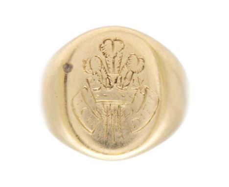 A 9k 'Prince of Wales three feather' signet ring. Partial stamp, tests 9k, size I, weight 5.93g.