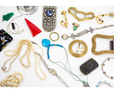 A collection of costume jewellery. To include a beaded velvet bracelet with gilt metal embossed clasp, various beaded necklac