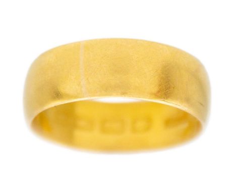 A 22k yellow gold wide band ring. Birmingham hallmark, size M, band width 6mm, weight 4.7g.Minor scratches over a ring, missh