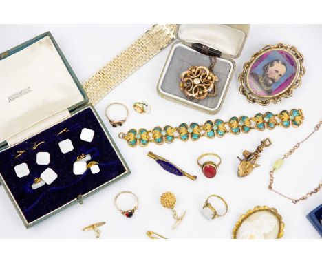 A selection of Victorian and later gold plated costume jewellery. To include a pair of pique ware pendant drop earrings, leng