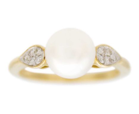A 9k cultured pearl and diamond set ring. The shoulders pave set with small diamonds, size N, 2.8g.