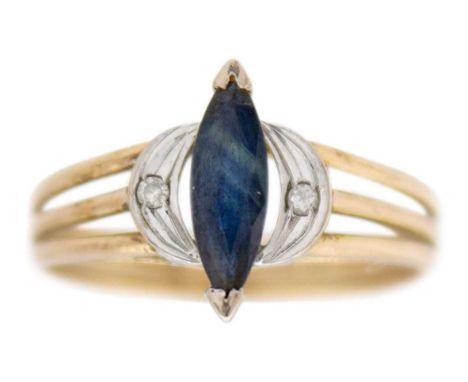 An Australian blue sapphire and diamond 9k gold ring. The marquise-shaped mixed-cut sapphire is 10mm x 3mm, set with a white 